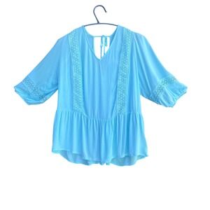 Lily Star Peplum Lace Trim V Neck Boho Hippie Festival Minimalist Blouse Blue 1X